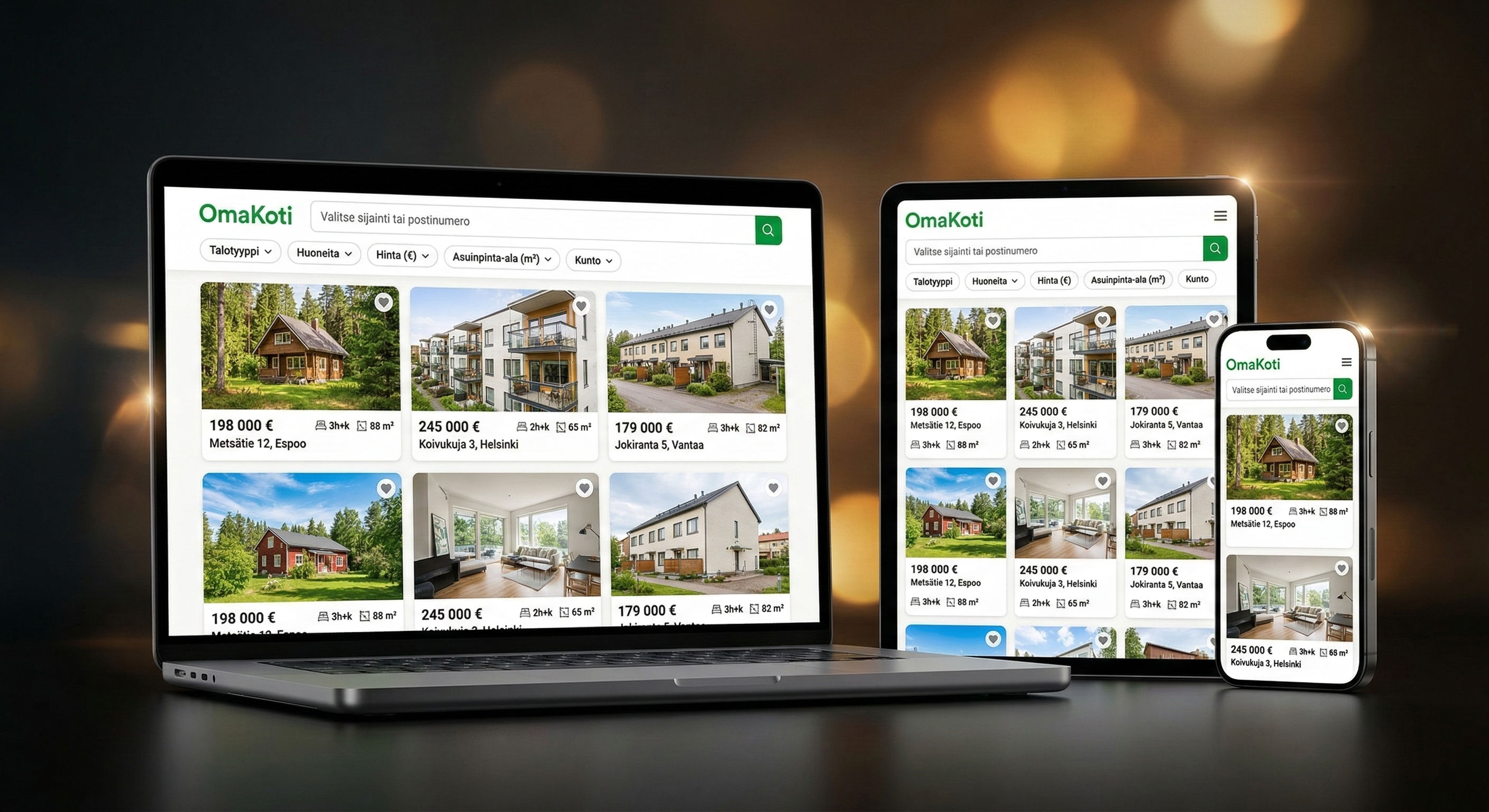 Kohdesync näytöillä – laptop, tabletti ja puhelin näkymät